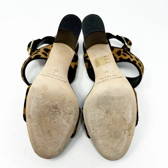 Manolo Blahnik Leopard Calf Hair Block Heel Sandals Size 37 US 7